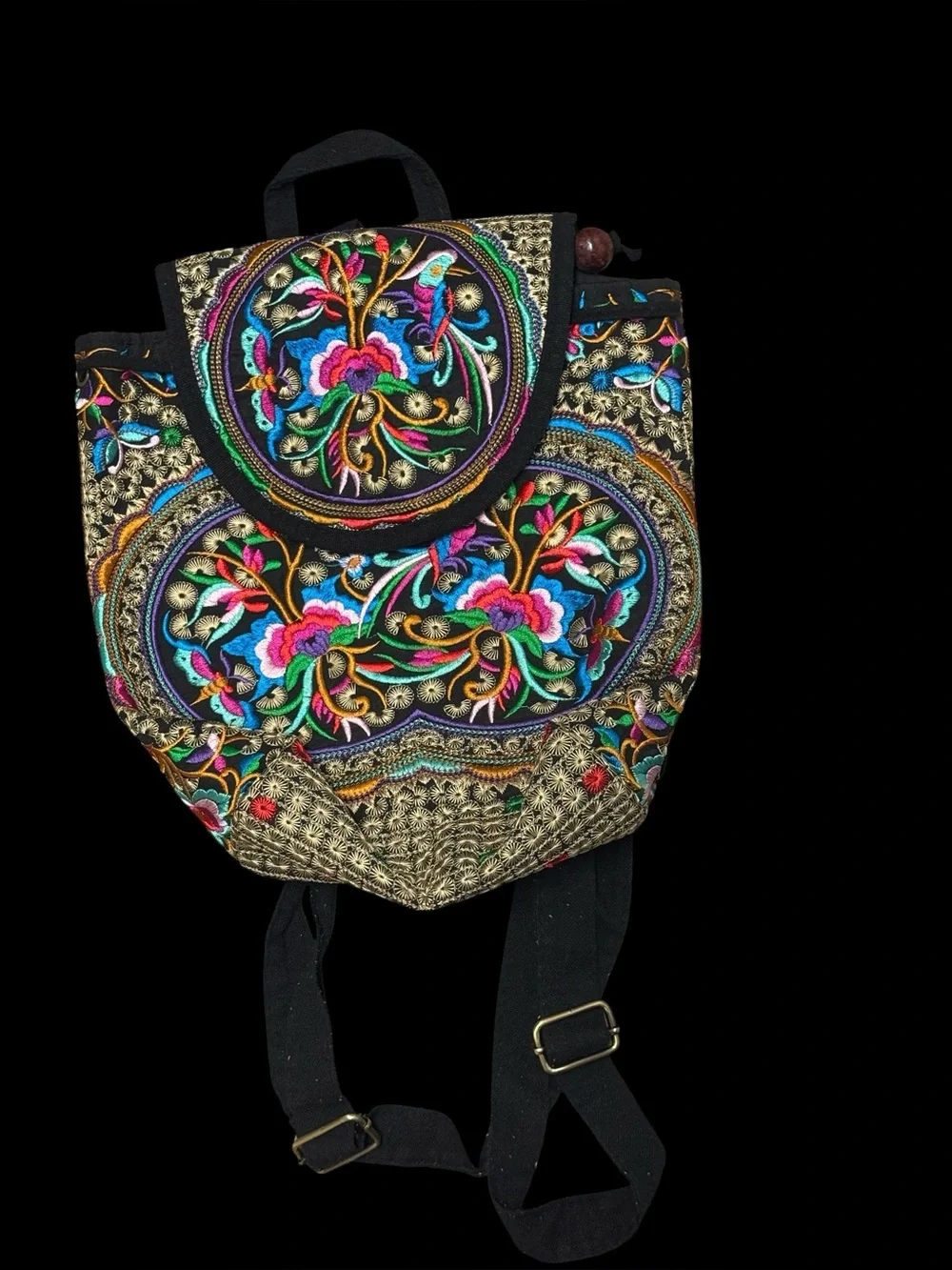 Indian Boho Gypsy Western Embroidered Canvas Mini Backpack Adjustable Straps Flo
